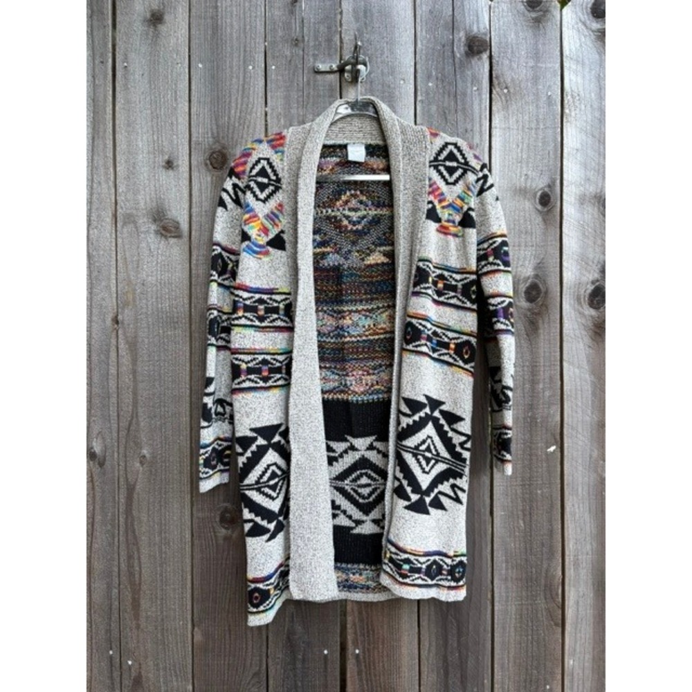 Northern Angel Southwestern Aztec Rainbow Geometric Longline Cardigan L